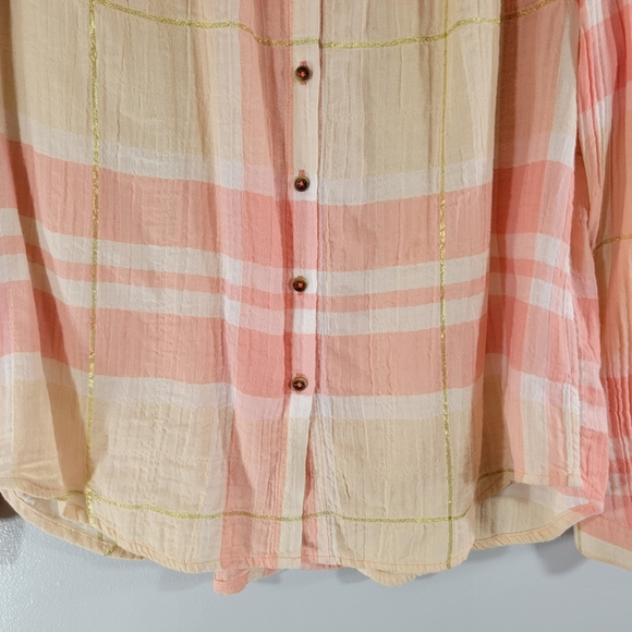 Anthro HOLDING HORSES Gailen pink plaid metallic stripe gauzy button down blouse - Picture 3 of 10